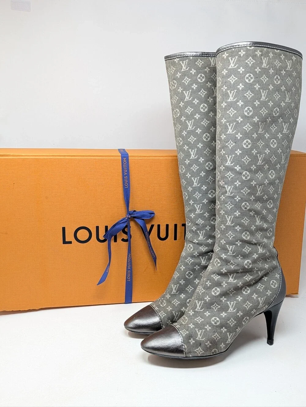 Louis Vuitton Mini Lin Denim Silver LV Monogram Knee High Boots Size EU 36.5